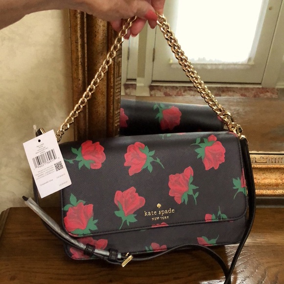 New Kate Spade black and red roses removable crossbody or chain handle purse. - Picture 8 of 16